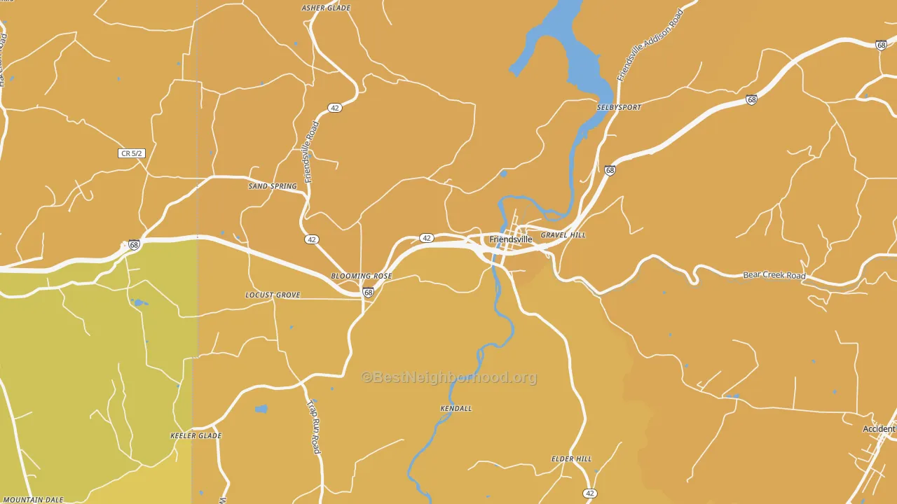 Map of the best neighborhoods in the Friendsville area, with better matches in green and worse matches in red
