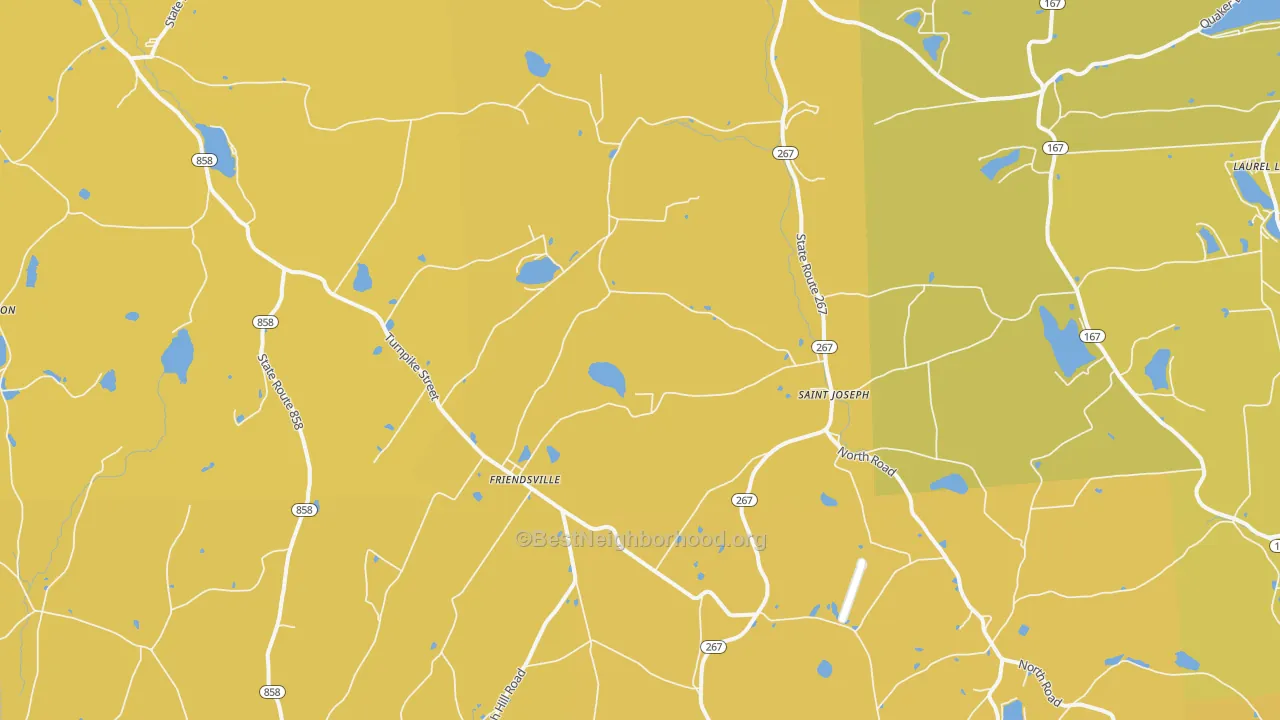 Map of the best neighborhoods in the Friendsville area, with better matches in green and worse matches in red