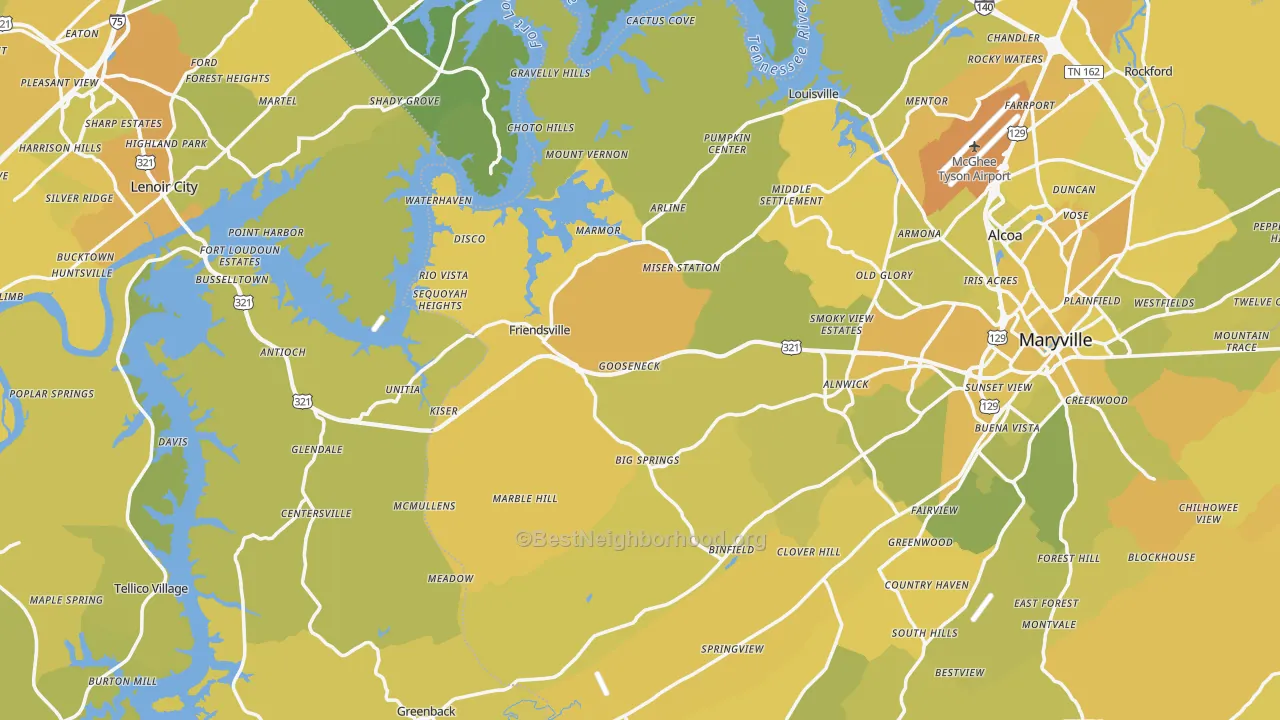 Map of the best neighborhoods in the Friendsville area, with better matches in green and worse matches in red