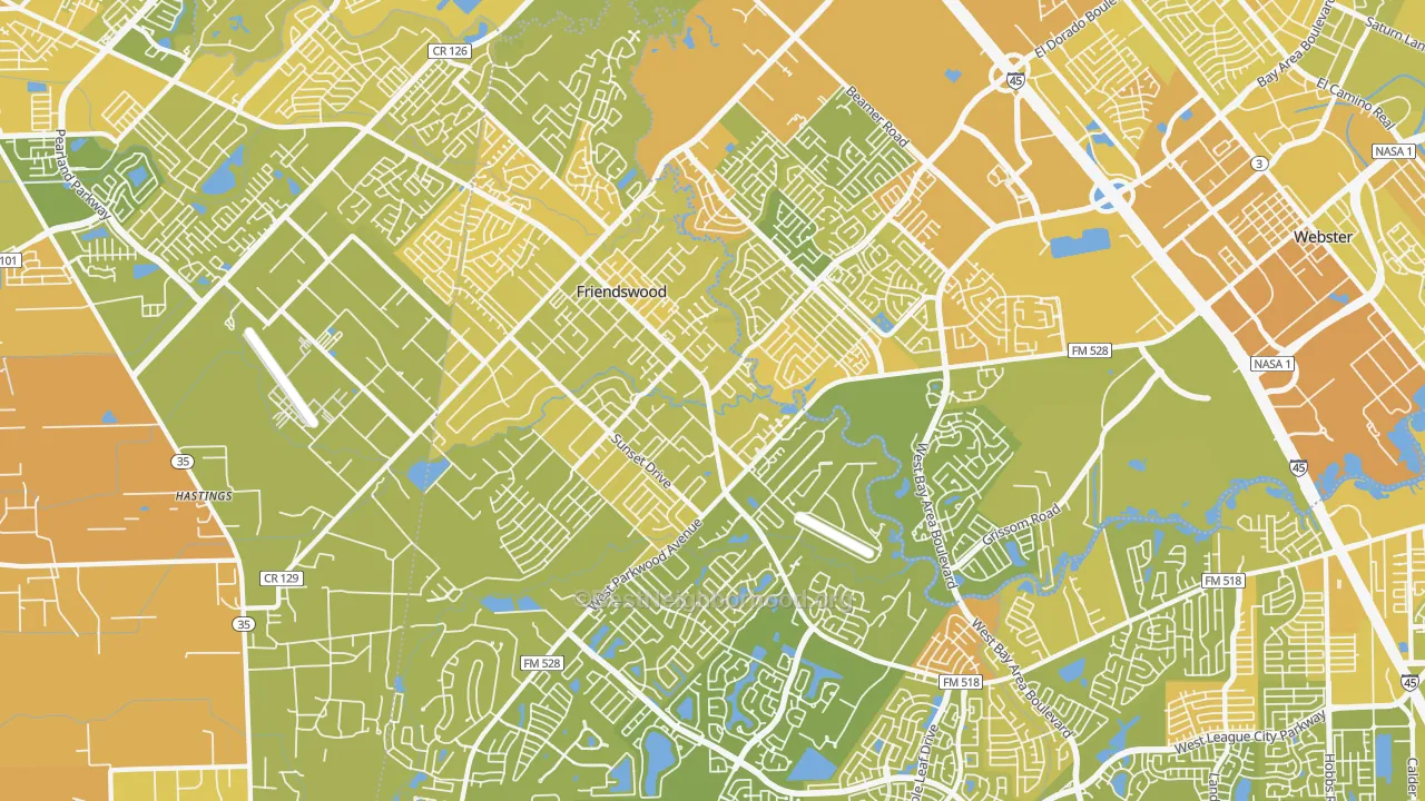 Map of the best neighborhoods in the Friendswood area, with better matches in green and worse matches in red