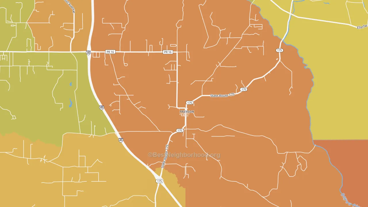 Map of the best neighborhoods in the Frierson area, with better matches in green and worse matches in red