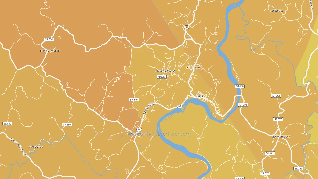 Map of the best neighborhoods in the Fries area, with better matches in green and worse matches in red