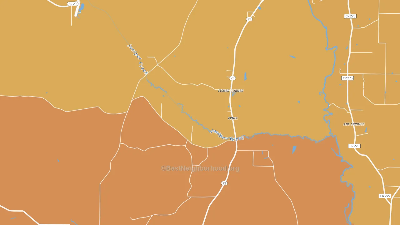 Map of the best neighborhoods in the Frink area, with better matches in green and worse matches in red