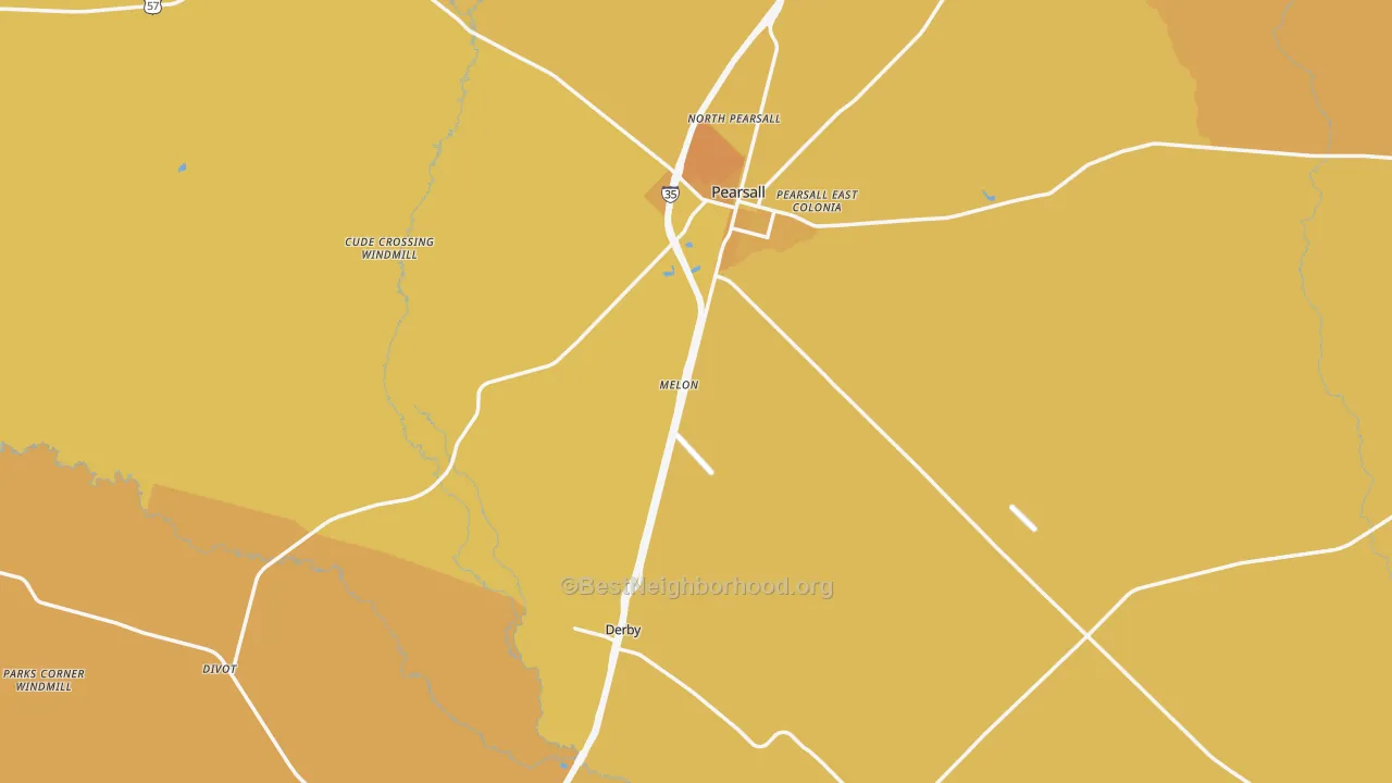 Map of the best neighborhoods in the Frio County area, with better matches in green and worse matches in red