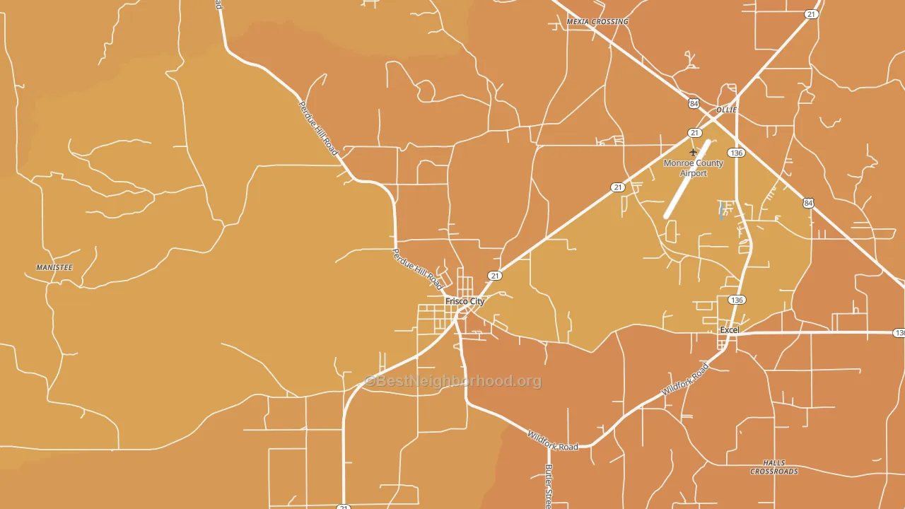Map of the best neighborhoods in the Frisco City area, with better matches in green and worse matches in red