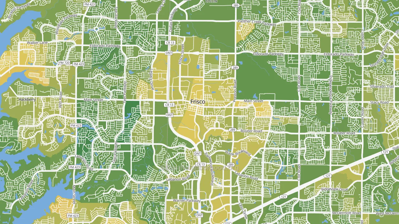 Map of the best neighborhoods in the Frisco area, with better matches in green and worse matches in red