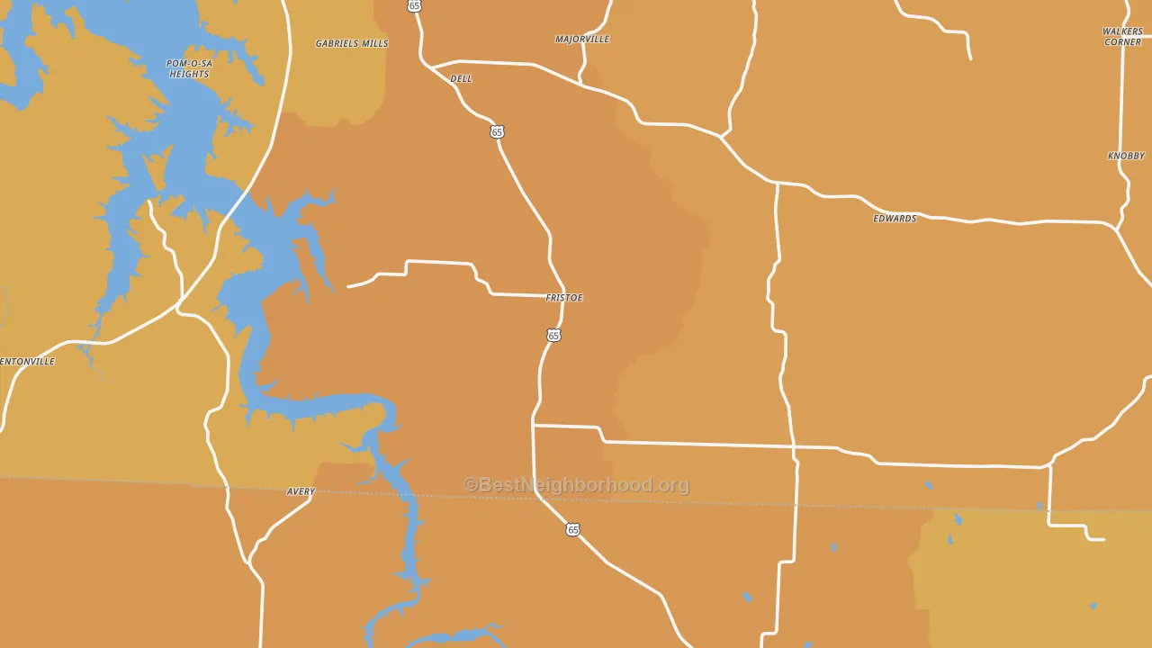 Map of the best neighborhoods in the Fristoe area, with better matches in green and worse matches in red