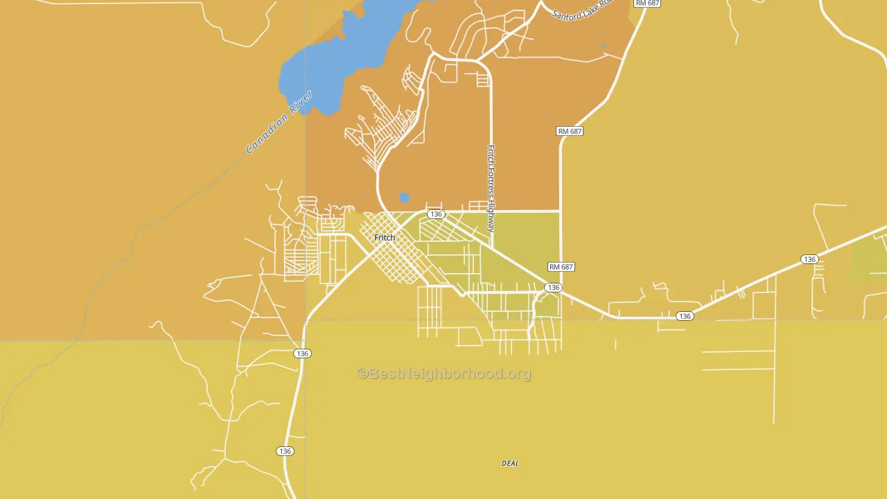 Map of the best neighborhoods in the Fritch area, with better matches in green and worse matches in red