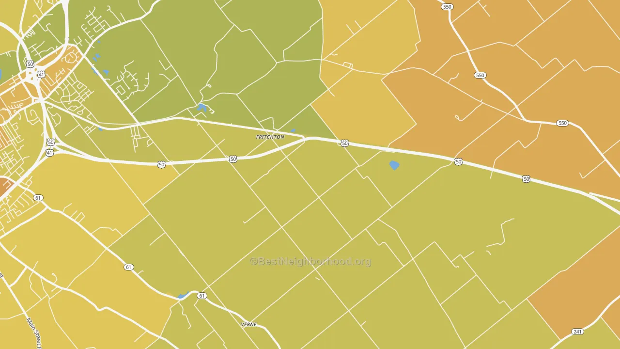 Map of the best neighborhoods in the Fritchton area, with better matches in green and worse matches in red