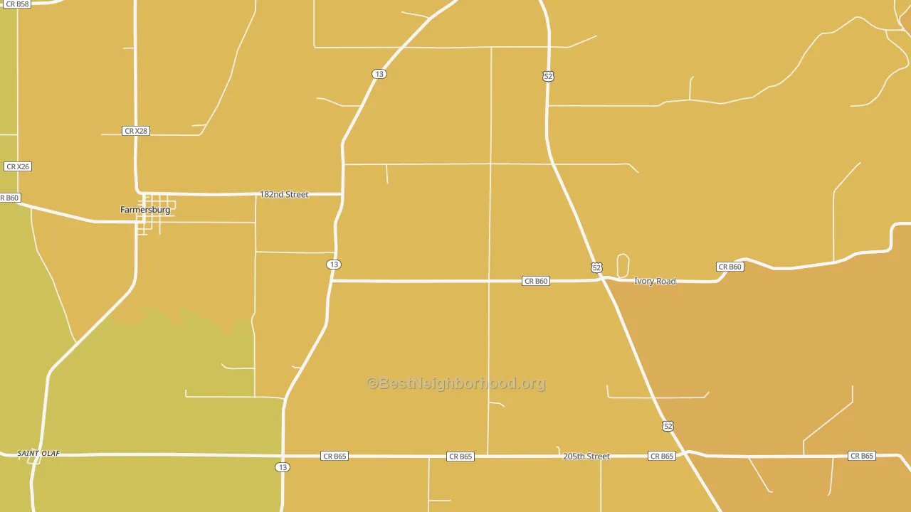 Map of the best neighborhoods in the Froelich area, with better matches in green and worse matches in red