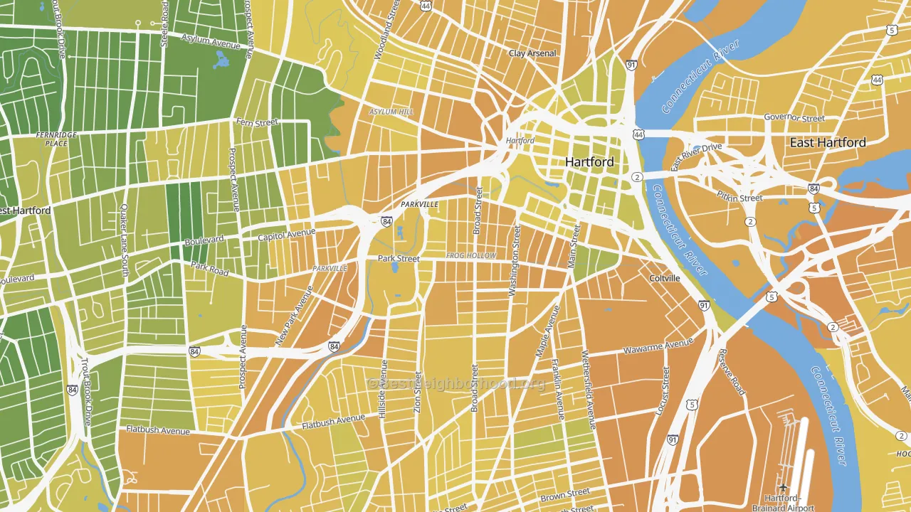 Map of the best neighborhoods in the Frog Hollow, Hartford area, with better matches in green and worse matches in red