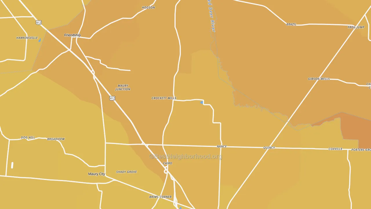 Map of the best neighborhoods in the Frog Jump area, with better matches in green and worse matches in red