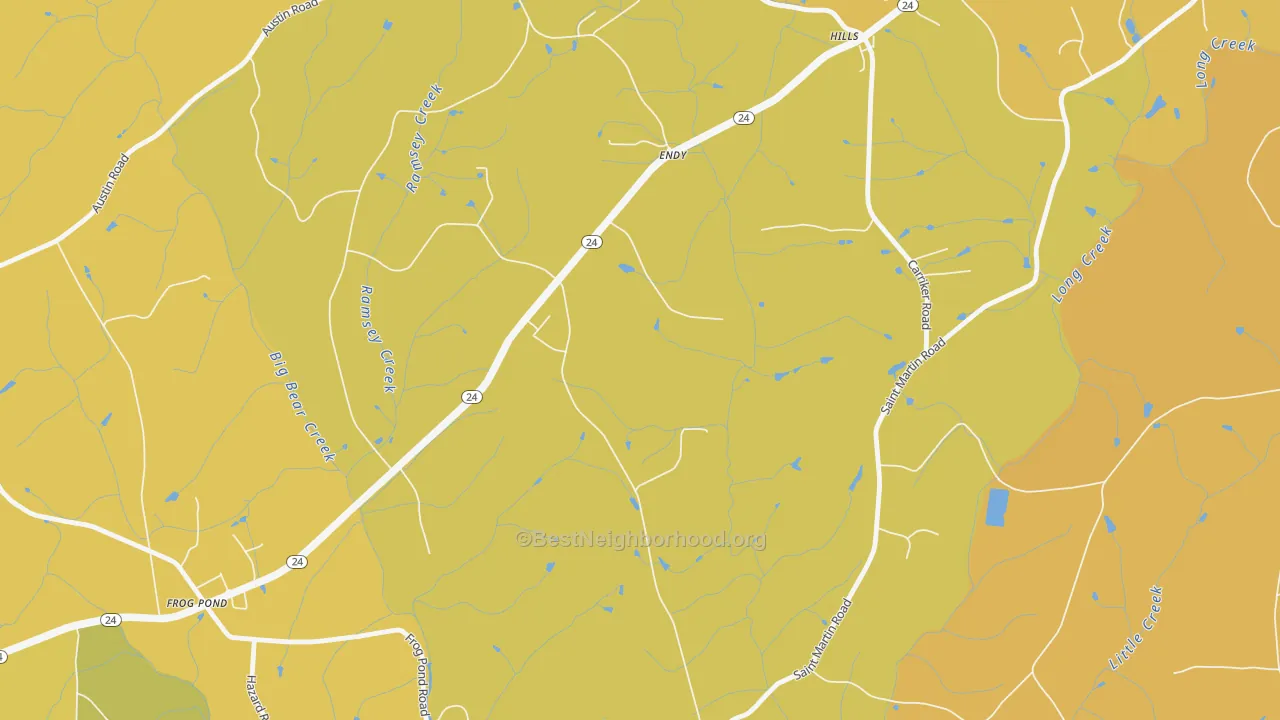 Map of the best neighborhoods in the Frog Pond area, with better matches in green and worse matches in red
