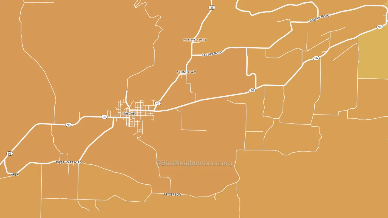Map of the best neighborhoods in the Frog Town area, with better matches in green and worse matches in red