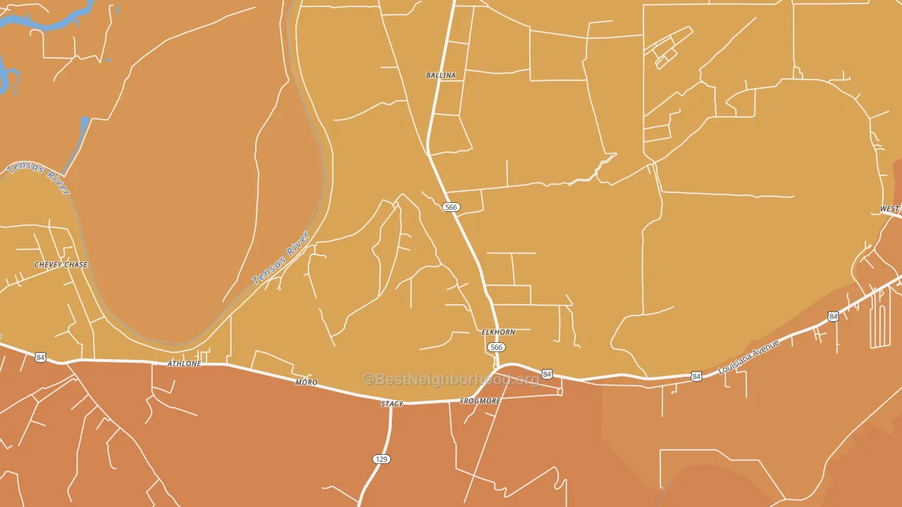 Map of the best neighborhoods in the Frogmore area, with better matches in green and worse matches in red
