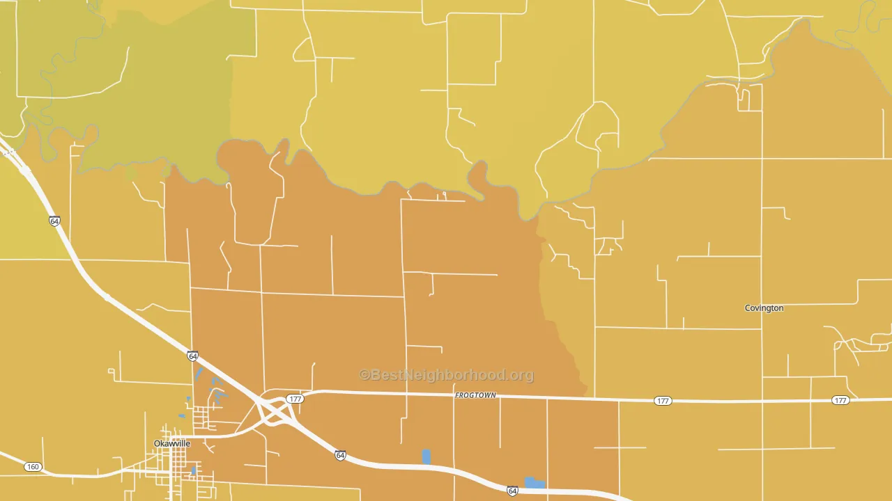 Map of the best neighborhoods in the Frogtown area, with better matches in green and worse matches in red