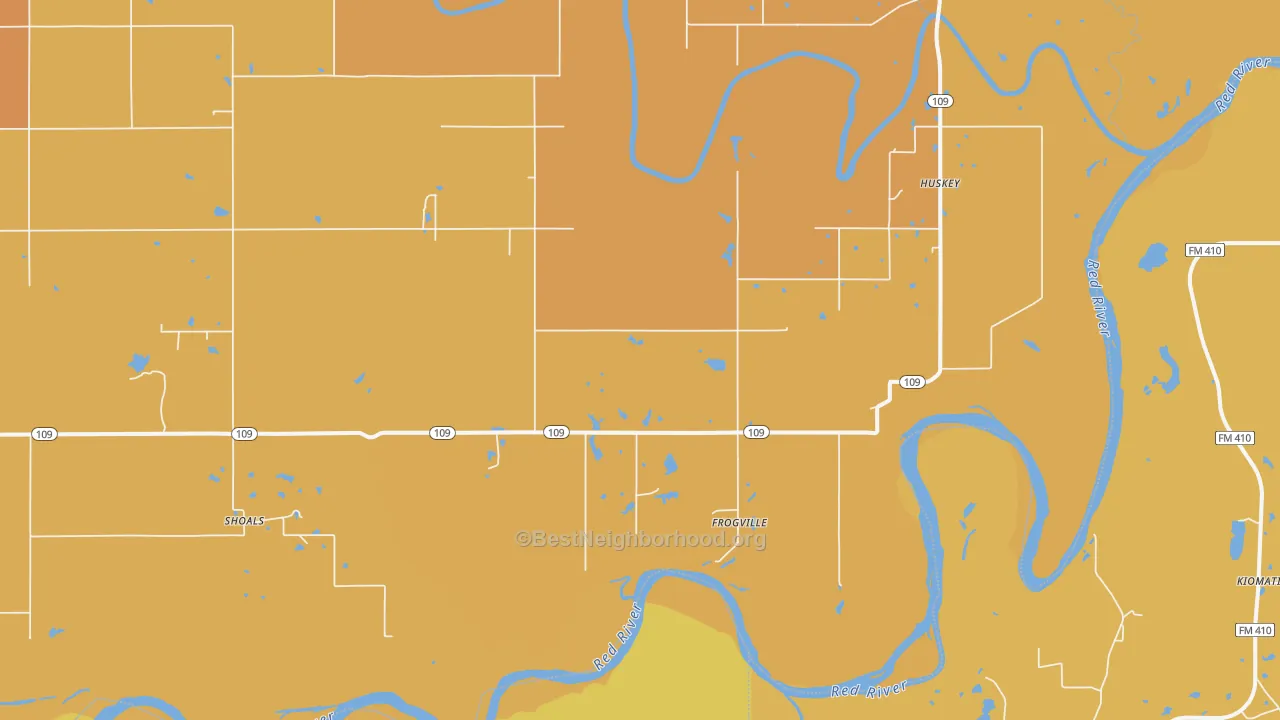 Map of the best neighborhoods in the Frogville area, with better matches in green and worse matches in red