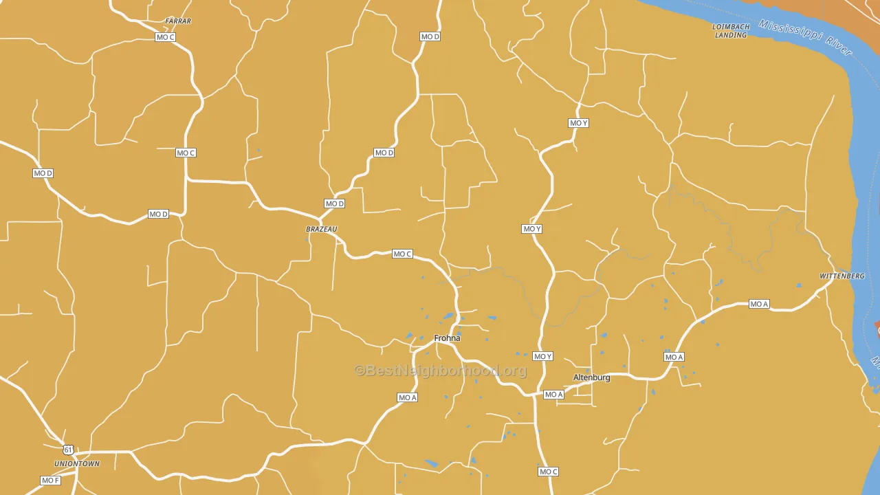 Map of the best neighborhoods in the Frohna area, with better matches in green and worse matches in red