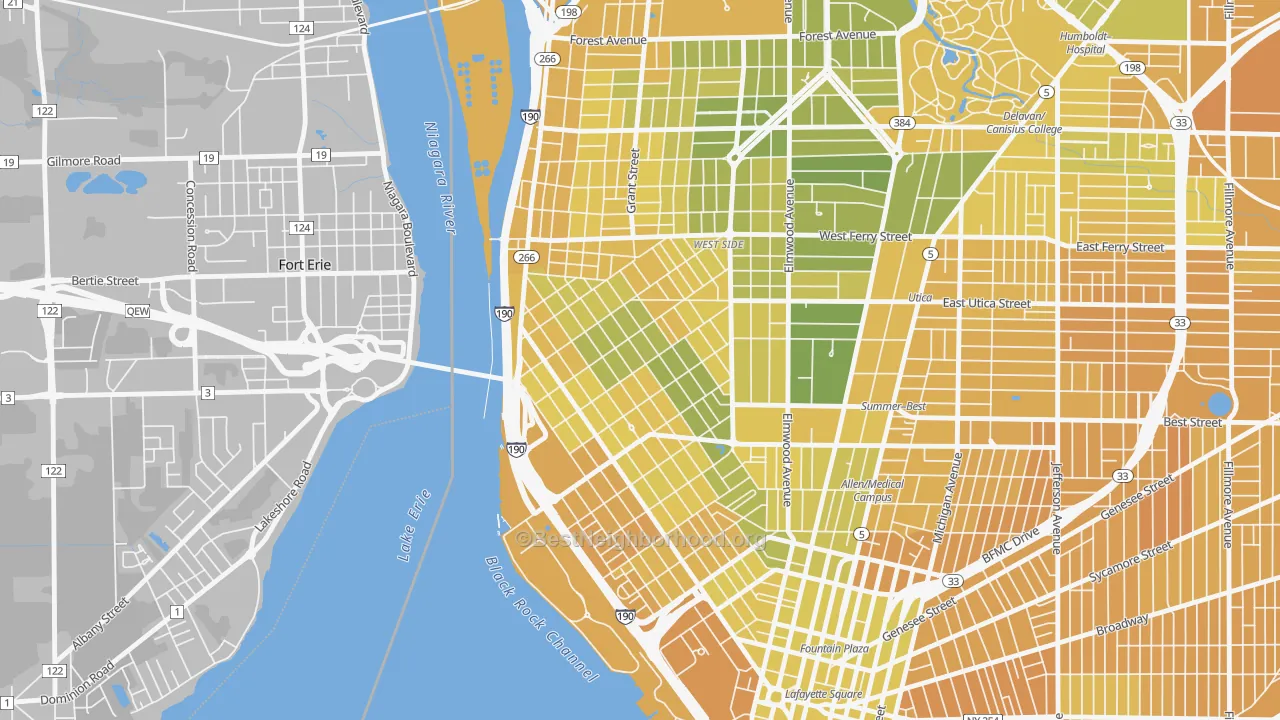 Map of the best neighborhoods in the Front Park, Buffalo area, with better matches in green and worse matches in red