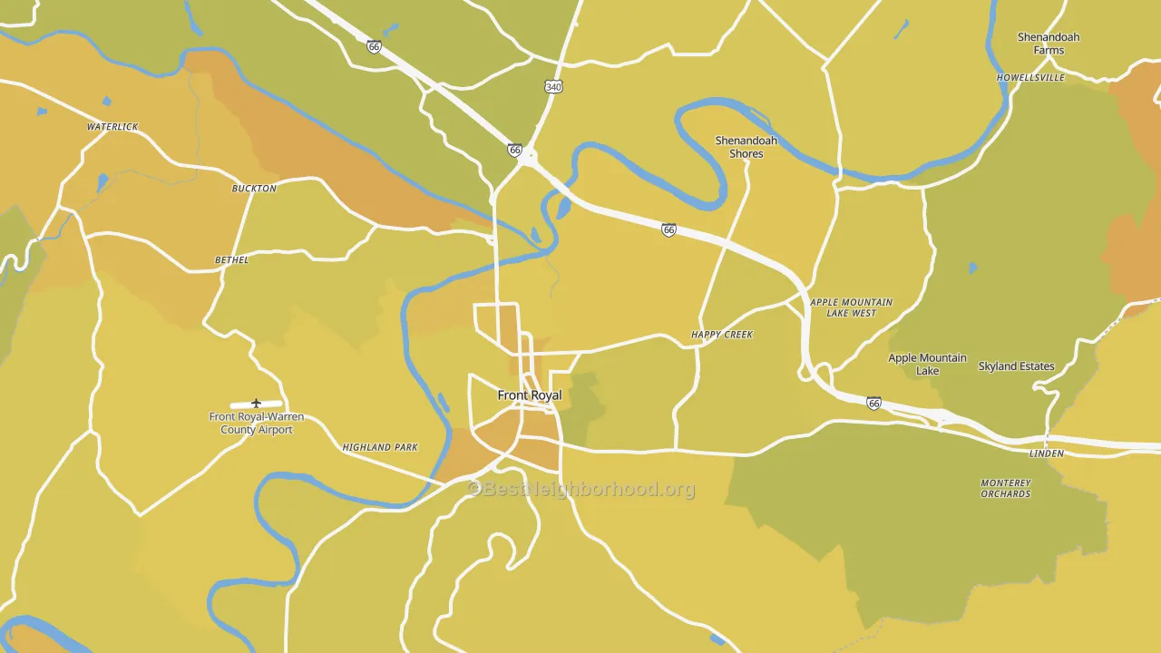 Map of the best neighborhoods in the Front Royal area, with better matches in green and worse matches in red