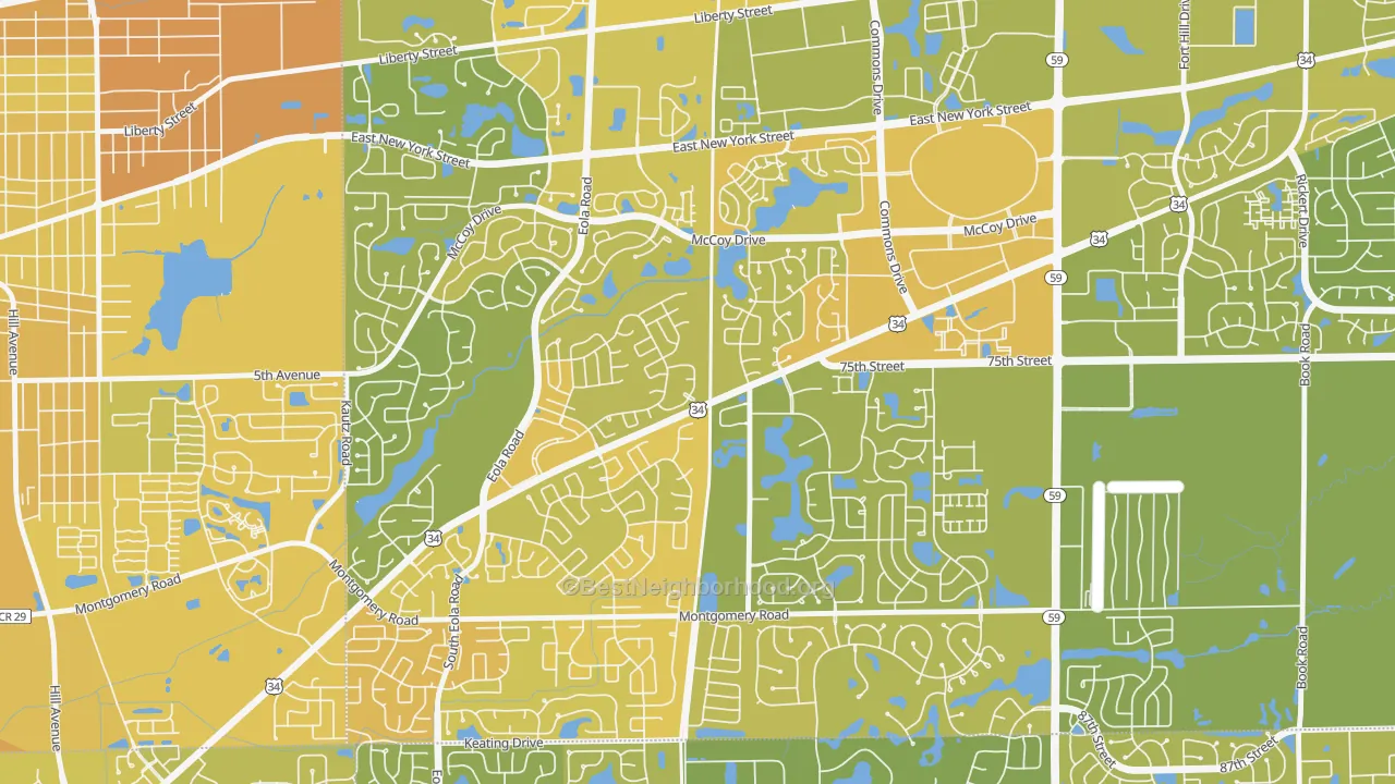 Map of the best neighborhoods in the Frontenac, Aurora area, with better matches in green and worse matches in red