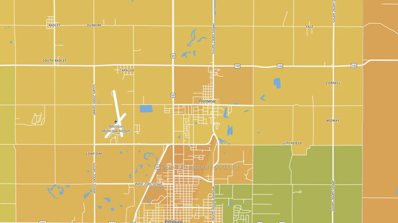 Map of the best neighborhoods in the Frontenac area, with better matches in green and worse matches in red