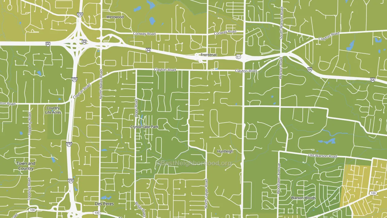 Map of the best neighborhoods in the Frontenac area, with better matches in green and worse matches in red
