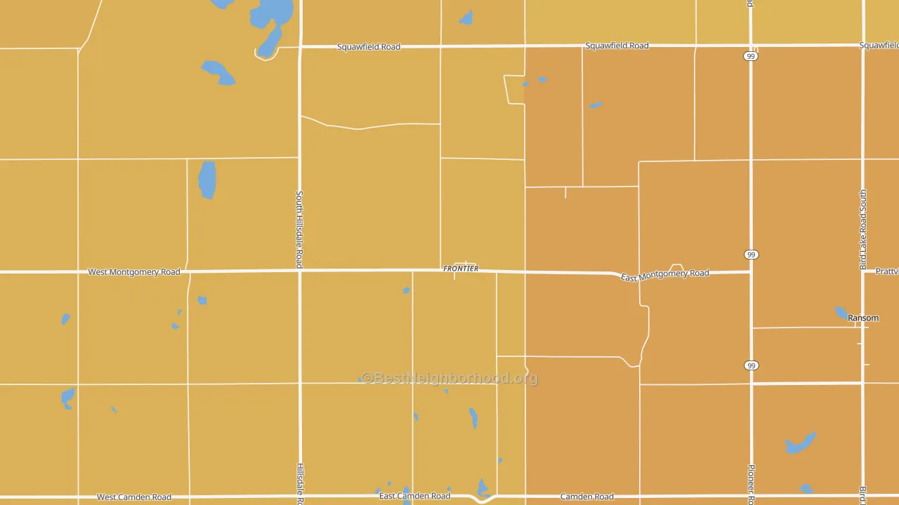 Map of the best neighborhoods in the Frontier area, with better matches in green and worse matches in red