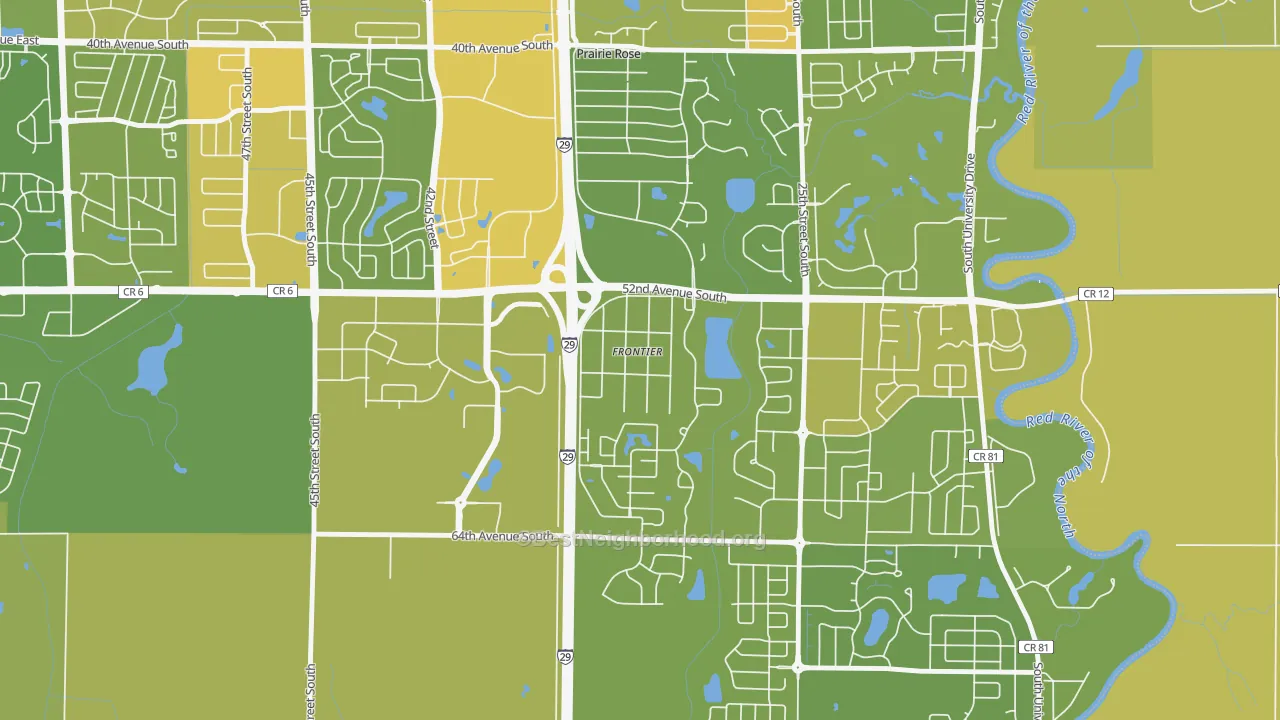 Map of the best neighborhoods in the Frontier area, with better matches in green and worse matches in red