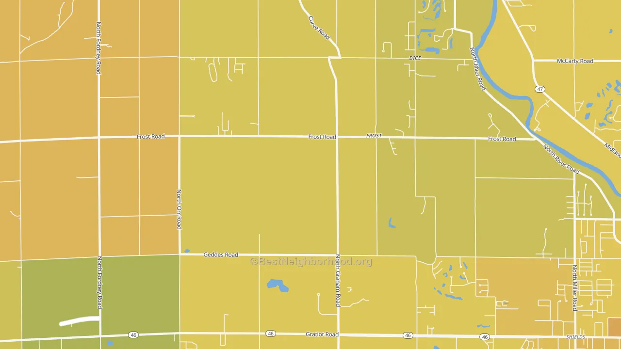 Map of the best neighborhoods in the Frost area, with better matches in green and worse matches in red