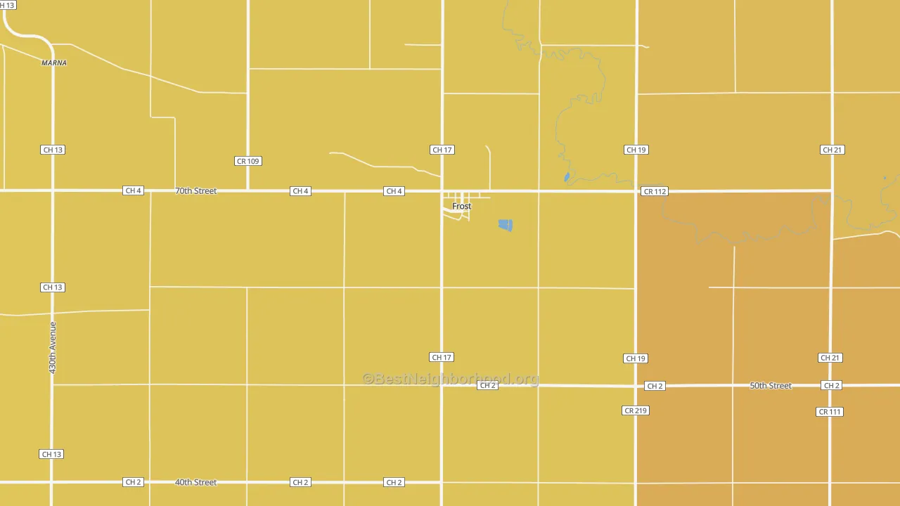 Map of the best neighborhoods in the Frost area, with better matches in green and worse matches in red