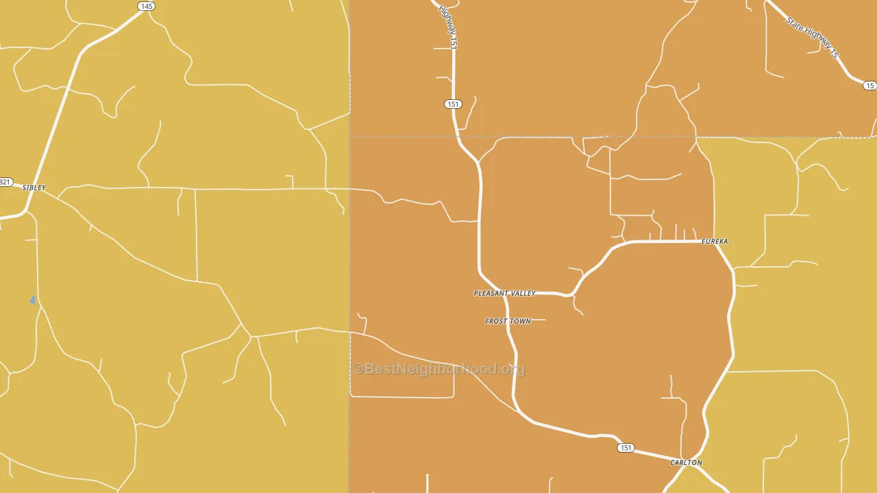 Map of the best neighborhoods in the Frost Town area, with better matches in green and worse matches in red