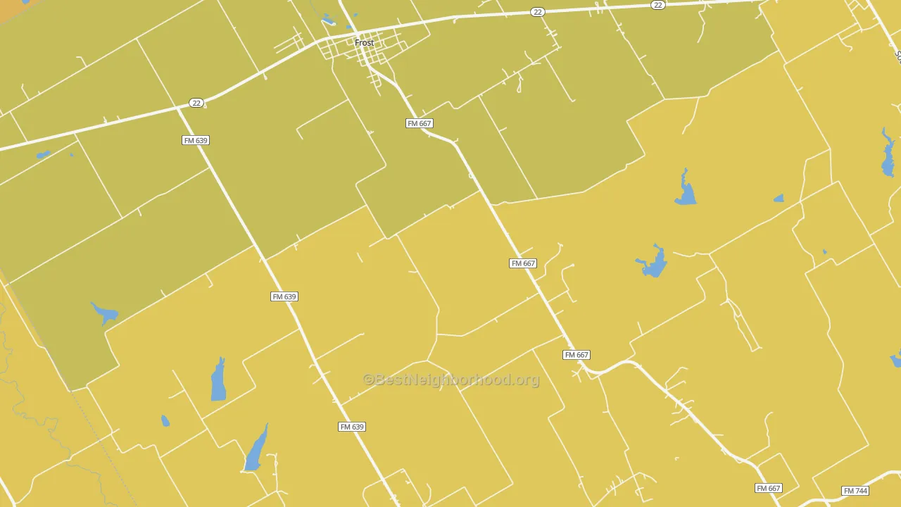 Map of the best neighborhoods in the Frost area, with better matches in green and worse matches in red