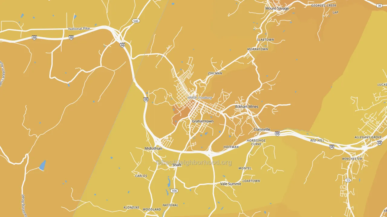 Map of the best neighborhoods in the Frostburg area, with better matches in green and worse matches in red