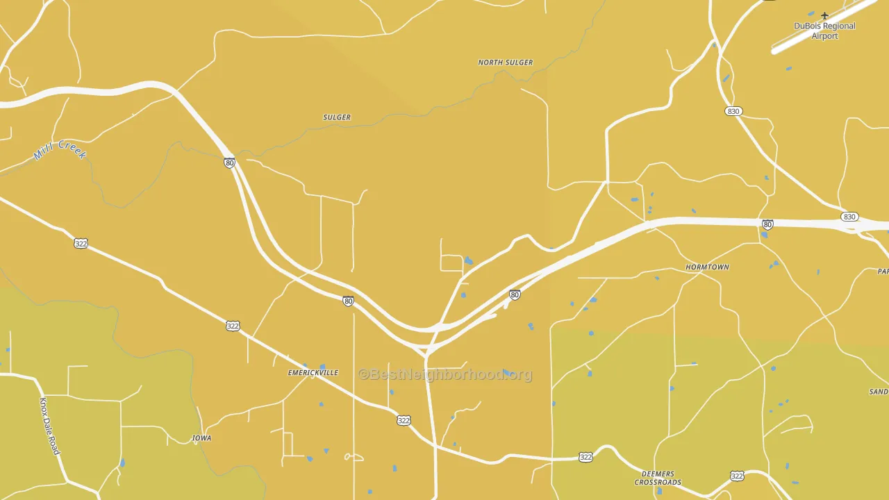 Map of the best neighborhoods in the Frostburg area, with better matches in green and worse matches in red