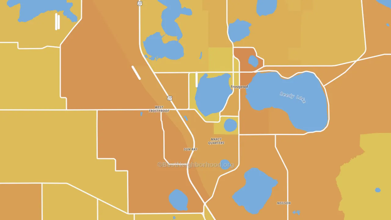 Map of the best neighborhoods in the Frostproof area, with better matches in green and worse matches in red