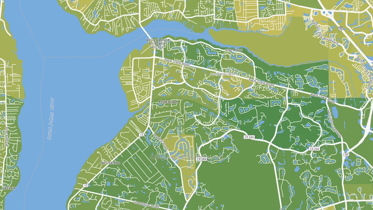 Map of the best neighborhoods in the Fruit Cove area, with better matches in green and worse matches in red