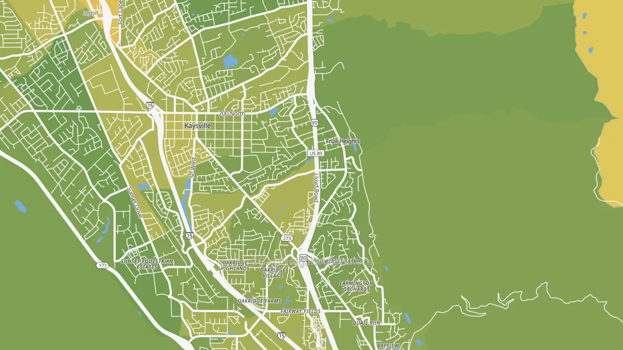 Map of the best neighborhoods in the Fruit Heights area, with better matches in green and worse matches in red