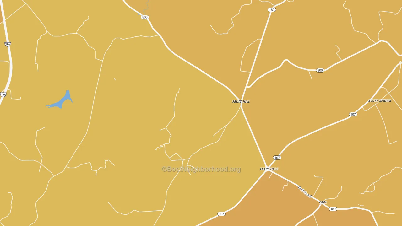 Map of the best neighborhoods in the Fruit Hill area, with better matches in green and worse matches in red