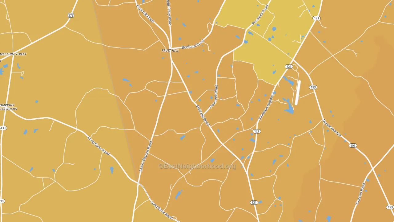 Map of the best neighborhoods in the Fruit Hill area, with better matches in green and worse matches in red