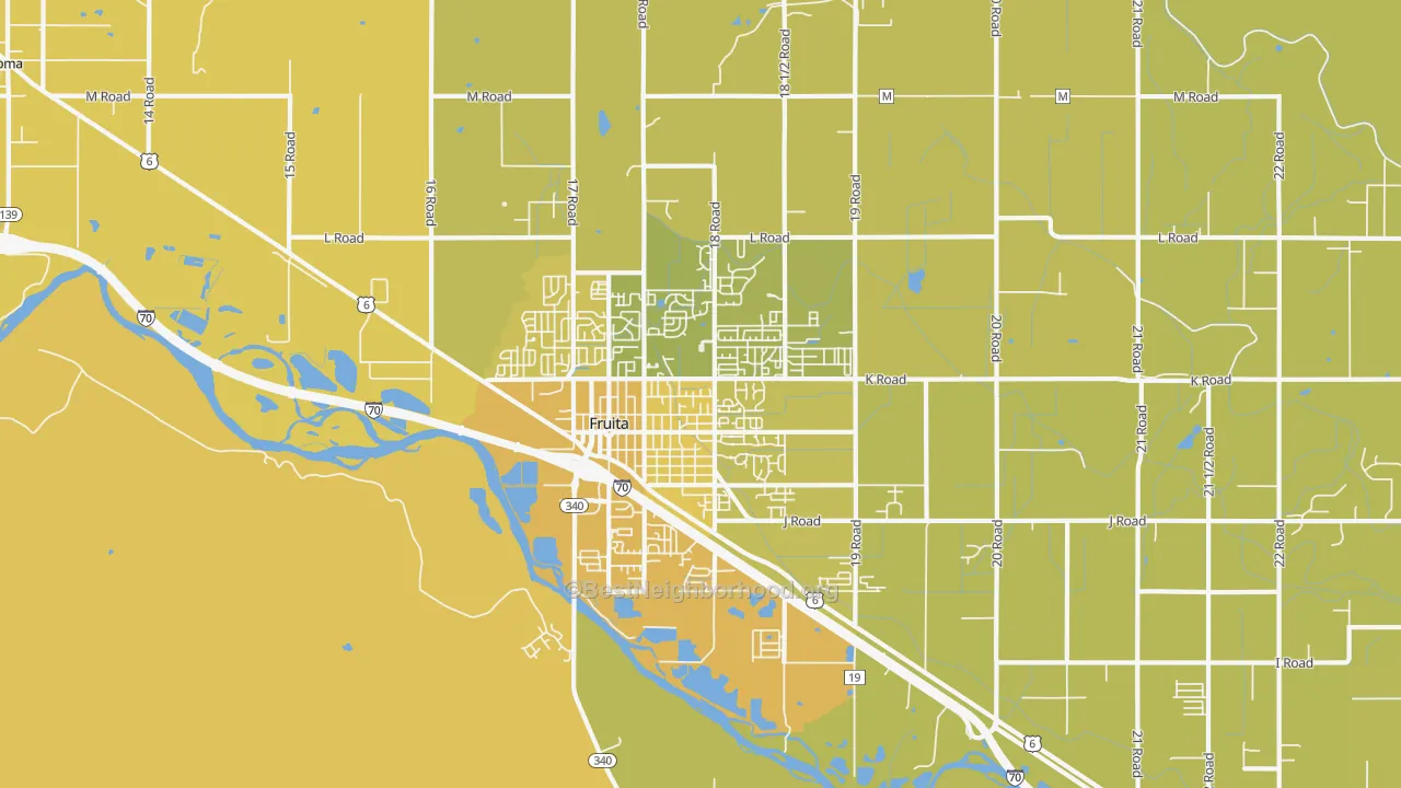 Map of the best neighborhoods in the Fruita area, with better matches in green and worse matches in red