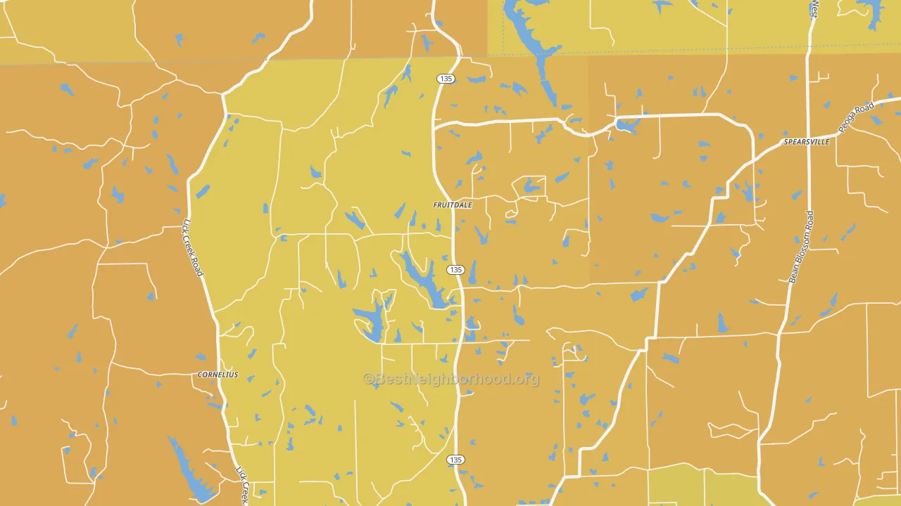 Map of the best neighborhoods in the Fruitdale area, with better matches in green and worse matches in red