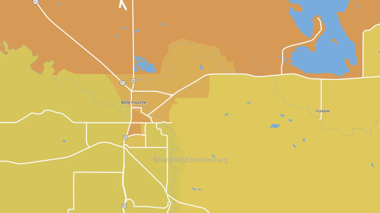 Map of the best neighborhoods in the Fruitdale area, with better matches in green and worse matches in red