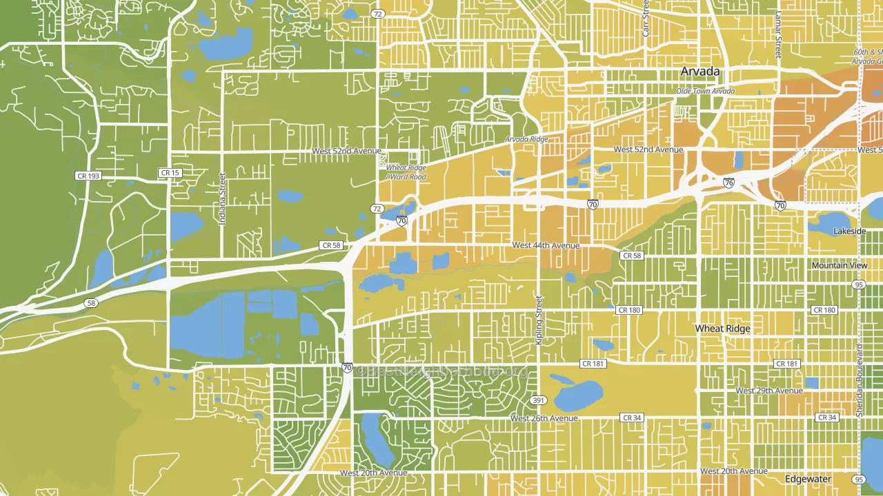Map of the best neighborhoods in the Fruitdale, Wheat Ridge area, with better matches in green and worse matches in red