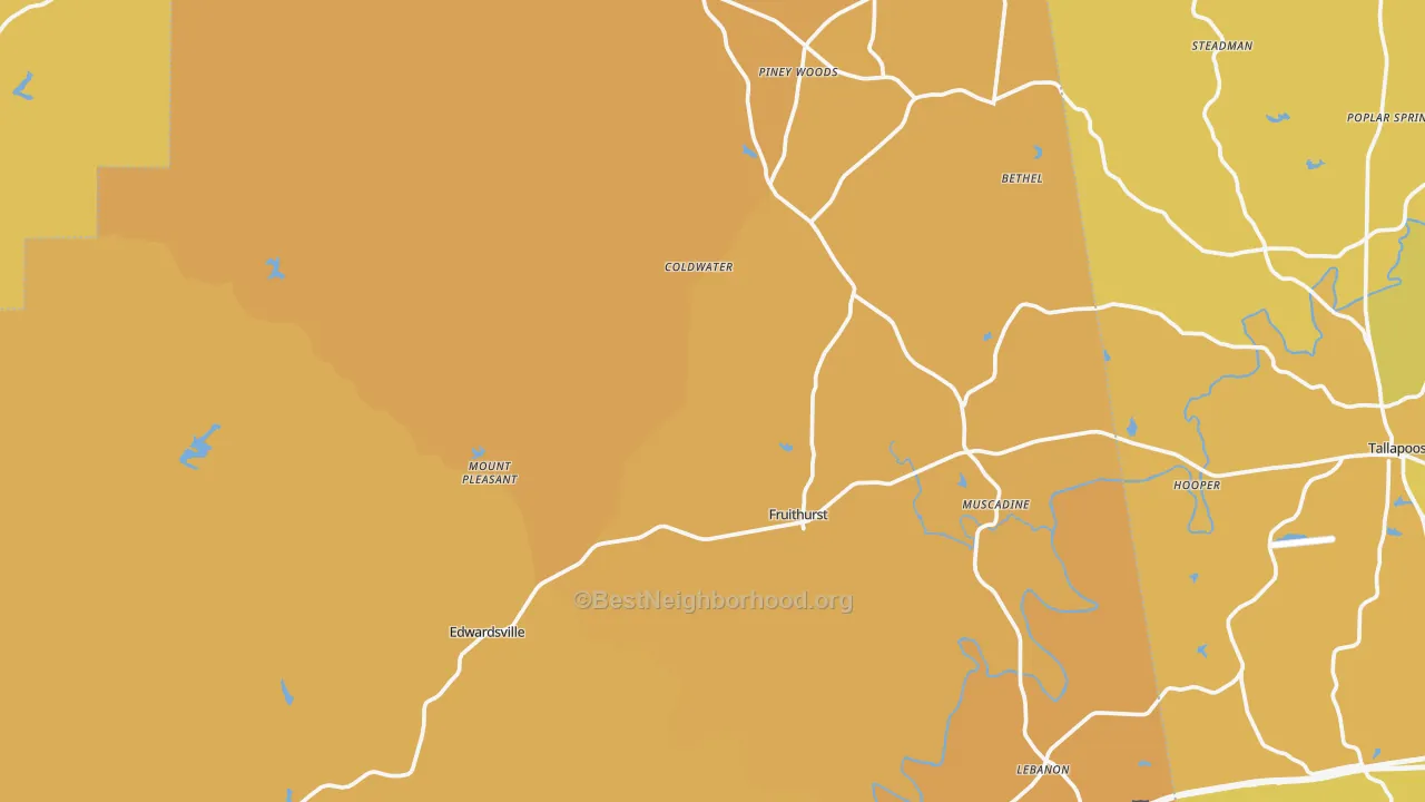 Map of the best neighborhoods in the Fruithurst area, with better matches in green and worse matches in red