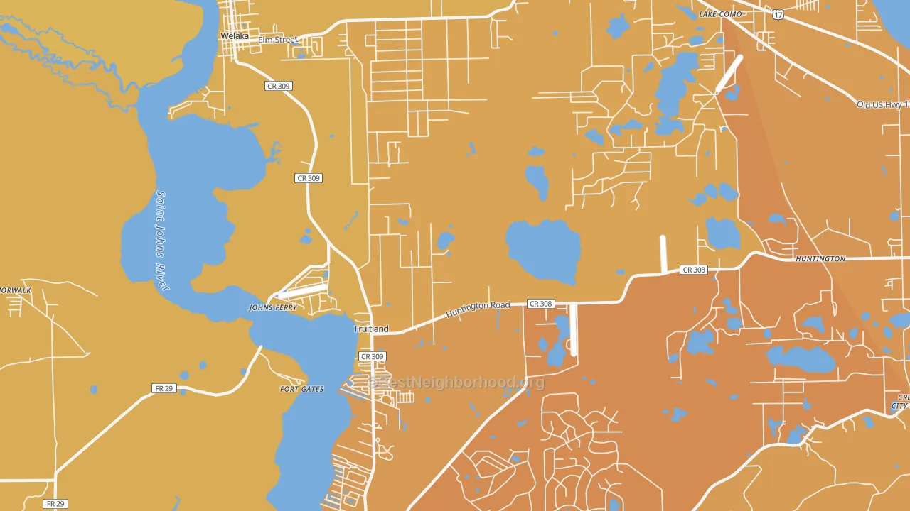 Map of the best neighborhoods in the Fruitland area, with better matches in green and worse matches in red