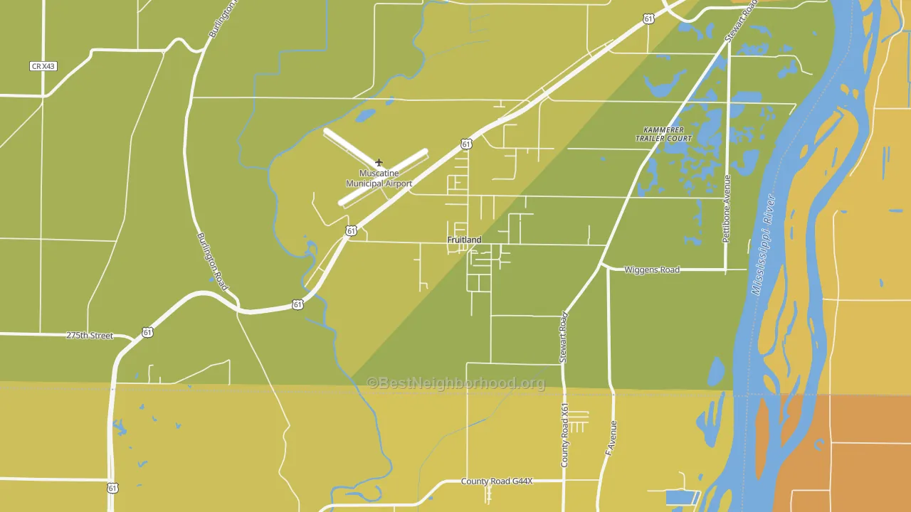 Map of the best neighborhoods in the Fruitland area, with better matches in green and worse matches in red