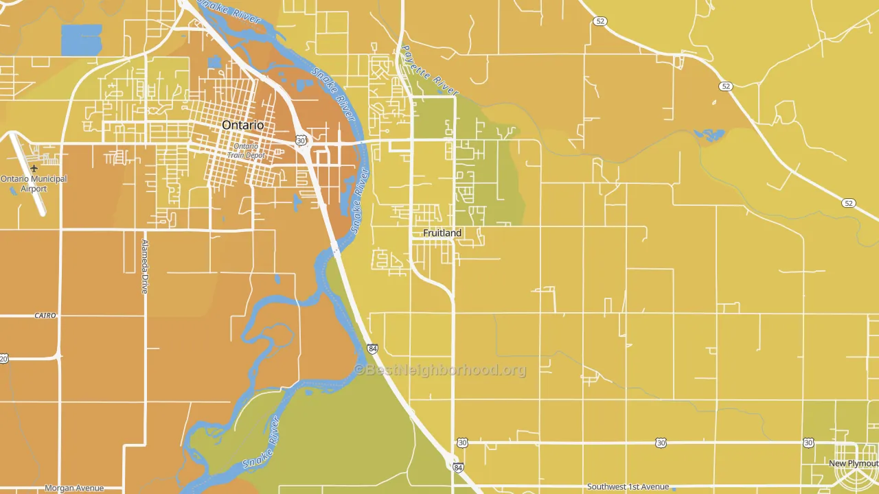 Map of the best neighborhoods in the Fruitland area, with better matches in green and worse matches in red