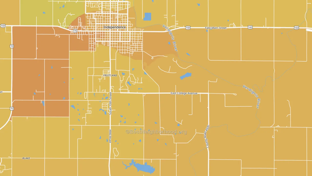 Map of the best neighborhoods in the Fruitland area, with better matches in green and worse matches in red