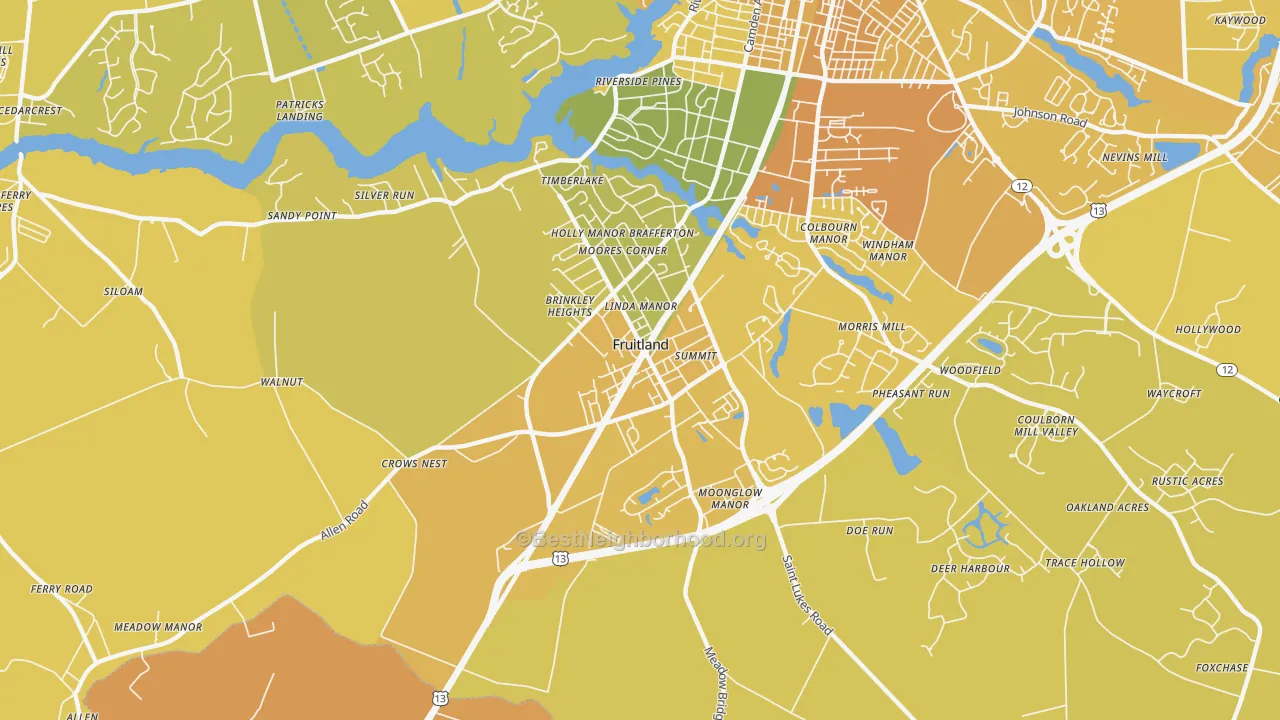 Map of the best neighborhoods in the Fruitland area, with better matches in green and worse matches in red